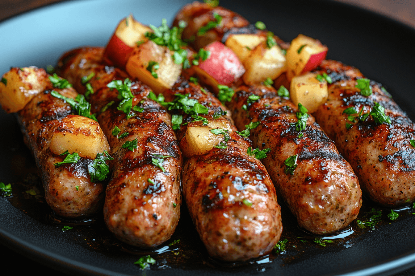 Grilled chicken apple sausage served with fresh vegetables and whole grains on a white plate, showcasing a heart-healthy meal option.