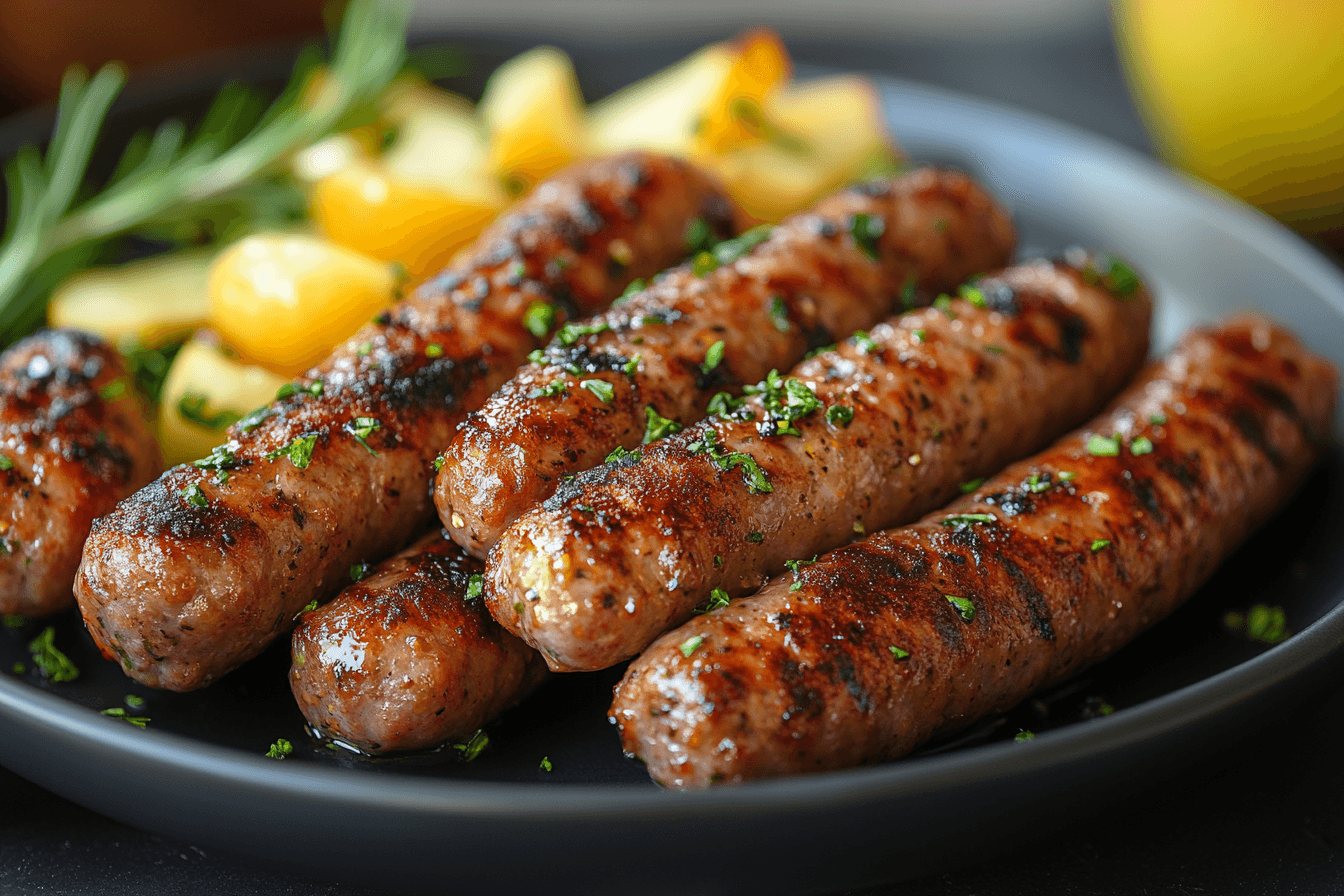 A plate of chicken apple sausage with roasted vegetables and fresh herbs, served on a wooden table.