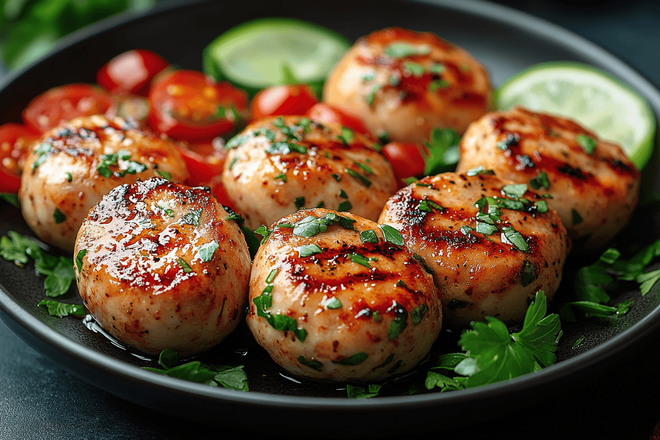 Grilled chicken sausage served with roasted vegetables on a white plate