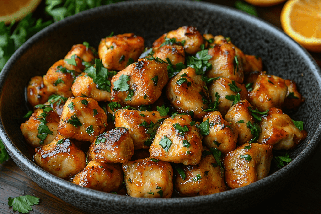 A black bowl filled with golden-brown chicken bites coated in a glossy glaze, garnished with fresh parsley, surrounded by lemon slices and parsley leaves for a vibrant presentation.