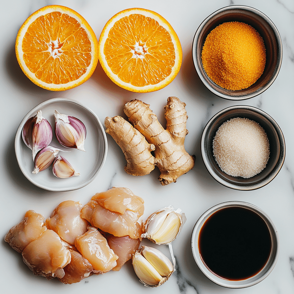 Fresh ingredients for Chinese orange chicken including orange, garlic, soy sauce, and chicken thighs