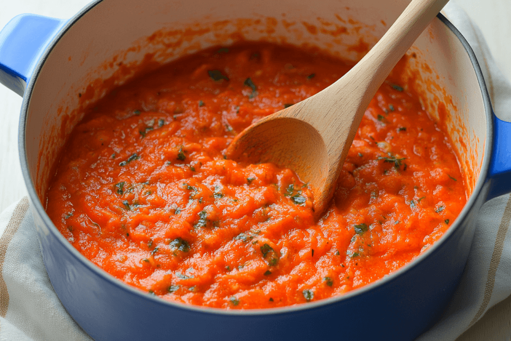 A blue Dutch oven filled with freshly made tomato sauce, featuring a thick and chunky texture with hints of fresh herbs. A wooden spoon rests inside the pot, coated with the vibrant red sauce. The pot sits on a wooden surface, accompanied by a folded white and blue kitchen towel, creating a rustic and inviting scene.