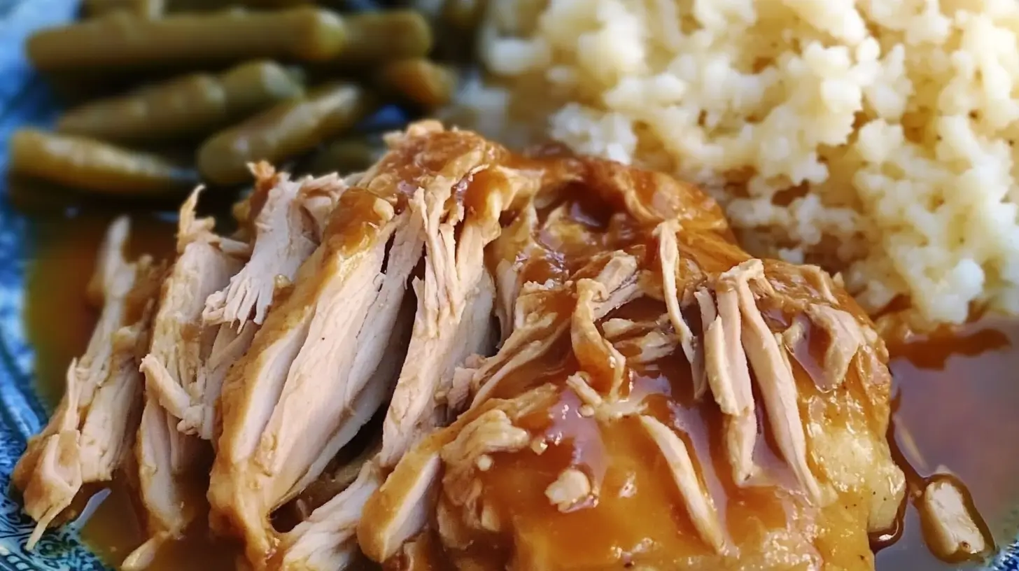 A plate with shredded Mississippi Chicken, mashed potatoes with gravy, and green beans, served as a comforting meal.