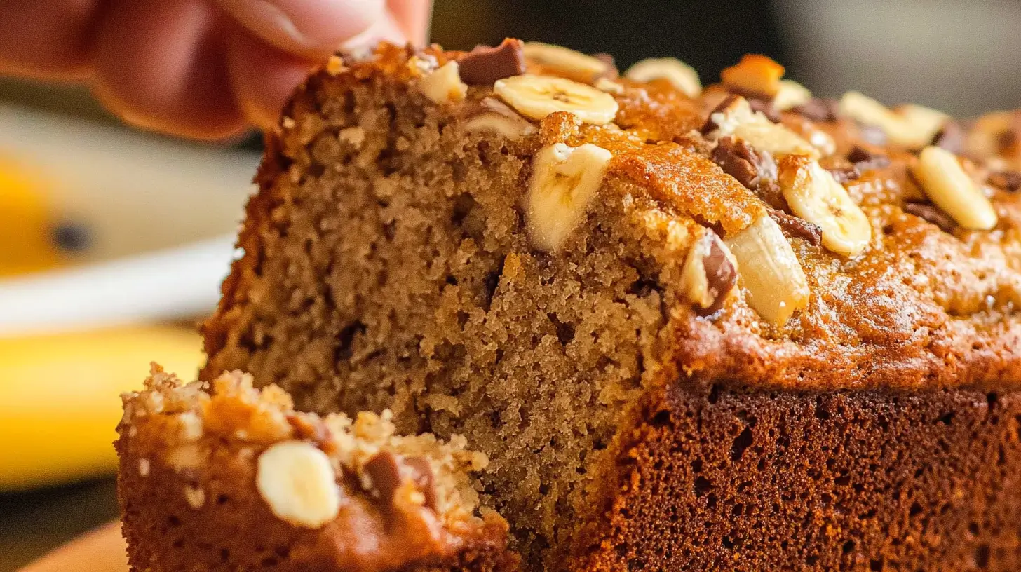 A hand holding a slice of banana bread with chocolate chips and nuts on top, showing its moist and fluffy texture.