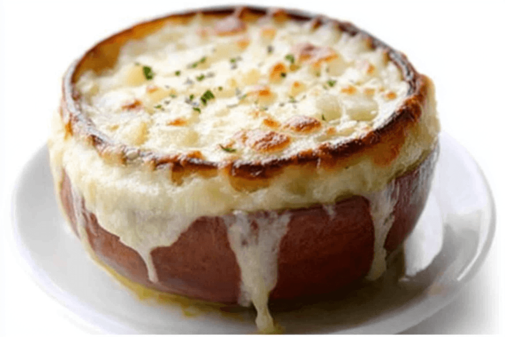 A close-up of a bowl of French onion soup topped with golden, melted cheese that is slightly browned and bubbly. The cheese cascades down the sides of the bowl, adding a rich, indulgent appeal. The dish is garnished with a sprinkle of fresh herbs and is served on a white plate, creating a cozy and appetizing presentation.