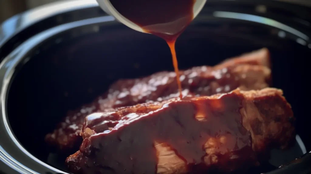 Slow cooker ribs simmering in BBQ sauce inside a crockpot.