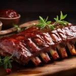 Slow Cooker Ribs with BBQ sauce served on a wooden board.