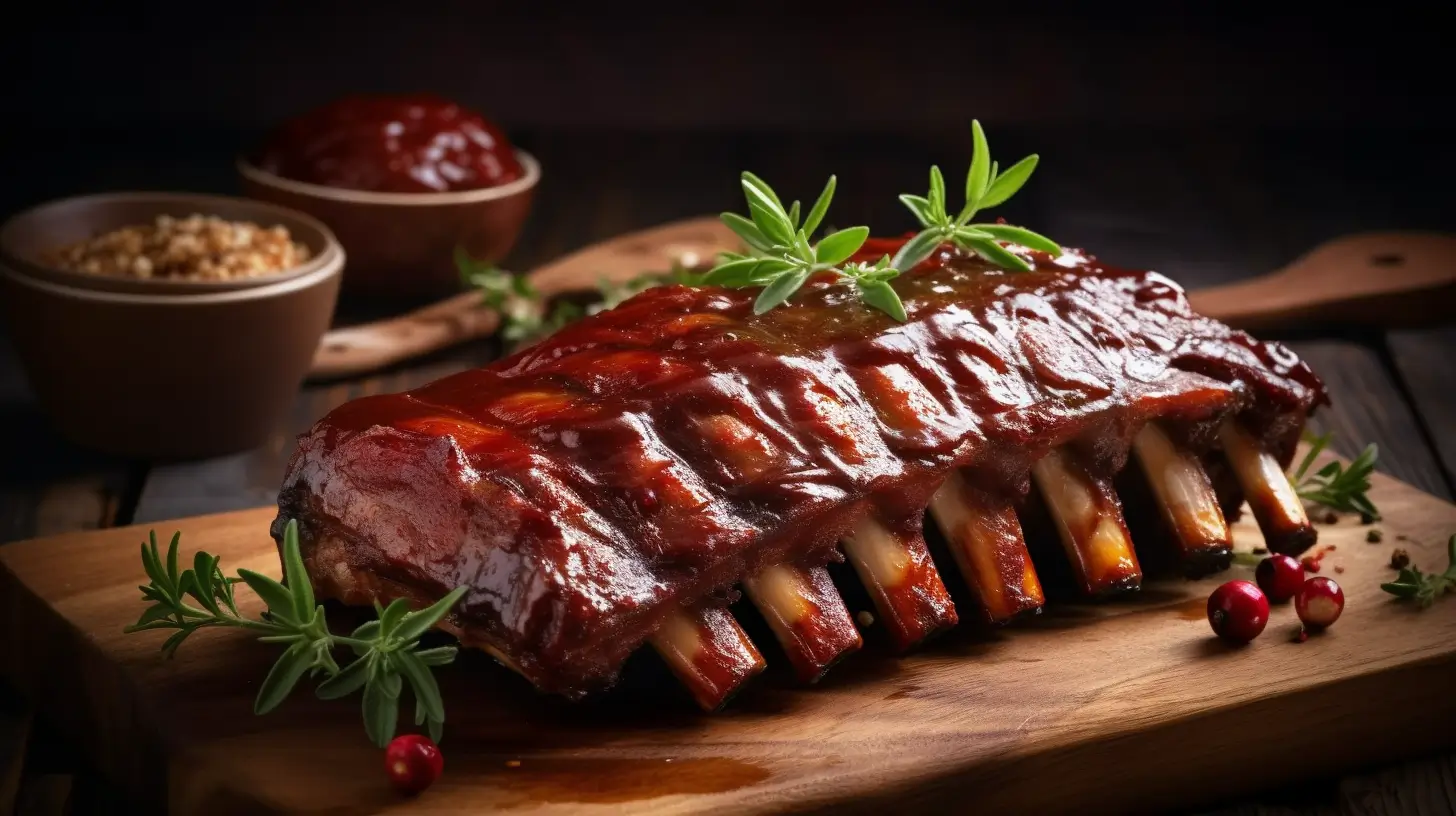 Slow Cooker Ribs with BBQ sauce served on a wooden board.
