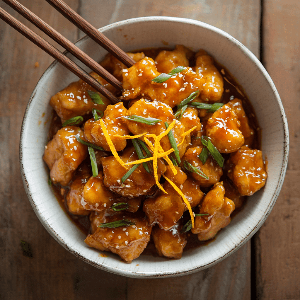 Crispy Chinese orange chicken in white bowl with orange zest and scallions