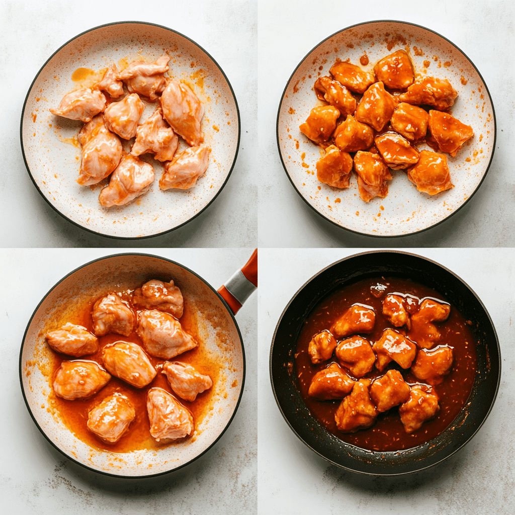Step-by-step images of cooking Chinese orange chicken from raw to sauced