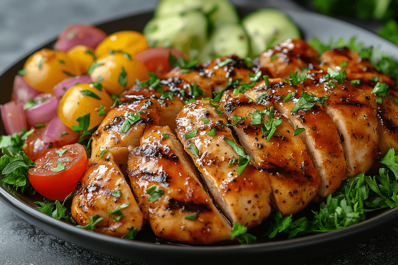 A plate of grilled chicken slices garnished with fresh parsley, served alongside cherry tomatoes, red onions, and cucumber slices, creating a vibrant and appetizing presentation.
