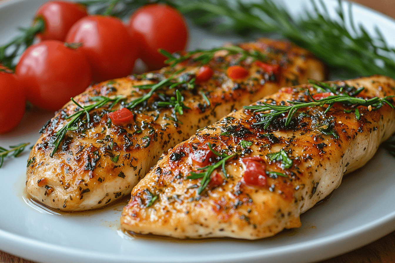 Meat mallet and raw chicken breast on a cutting board, ready for thinning.