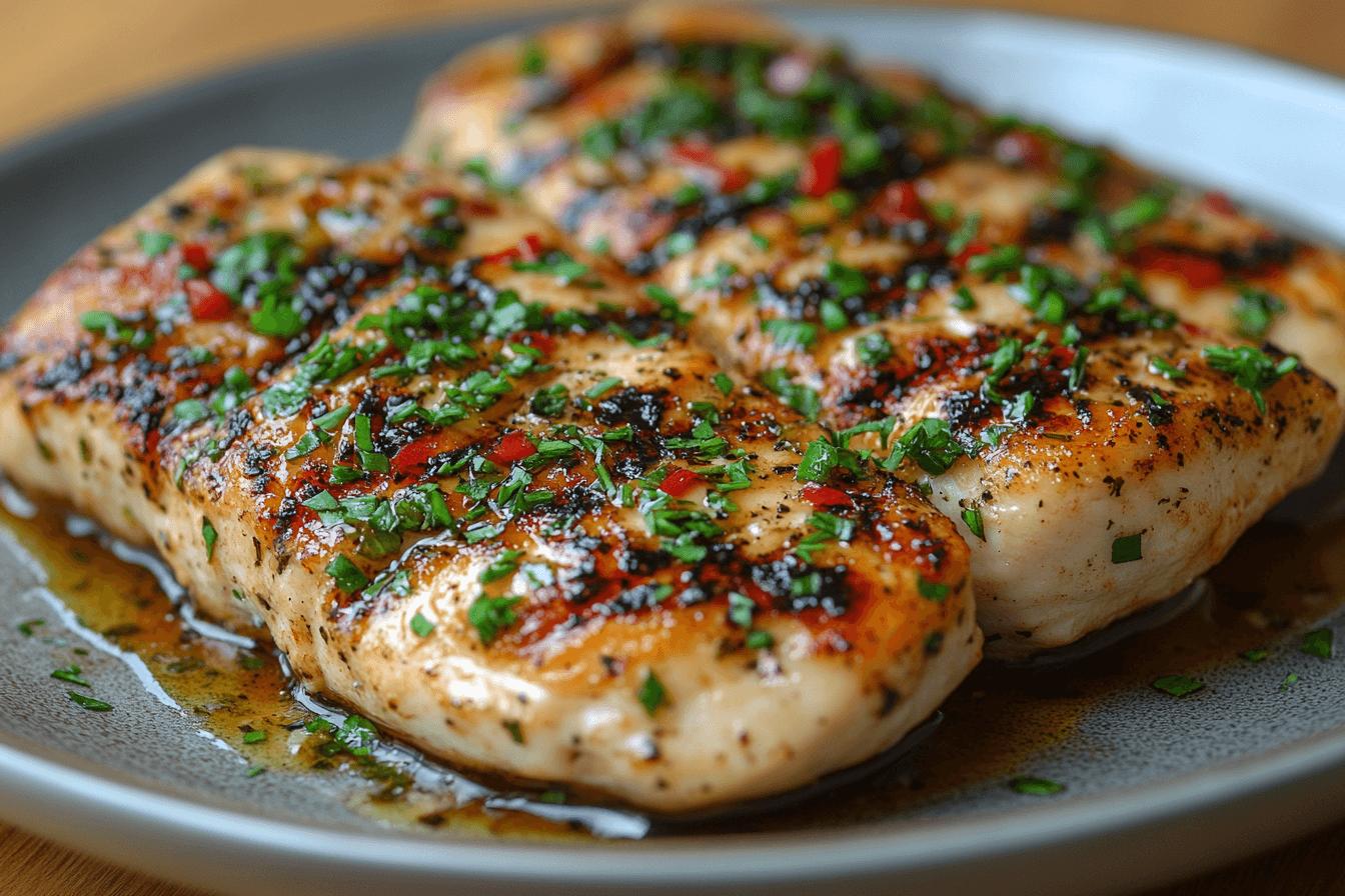 Raw thin chicken breasts placed on a wooden cutting board with a knife and fresh herbs nearby.