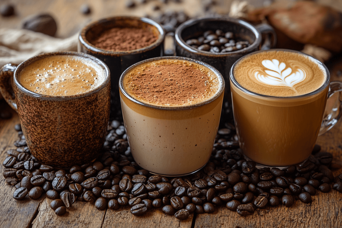 Various types of coffee drinks displayed with coffee beans and brewing tools.