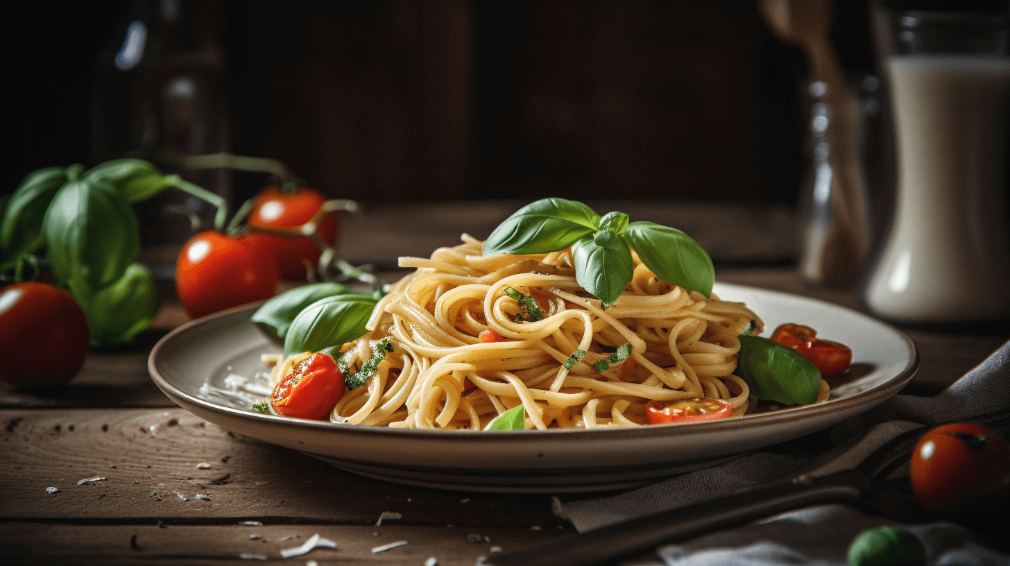 A plate of gluten-free pasta with basil and cherry tomatoes.