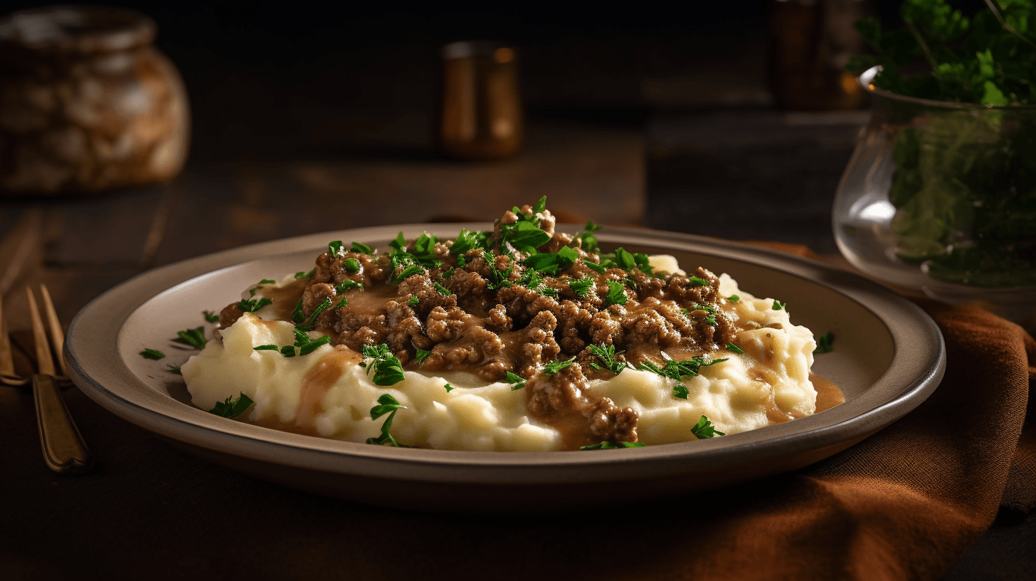 Ground Beef and Gravy Over Mashed Potatoes served with parsley garnish.