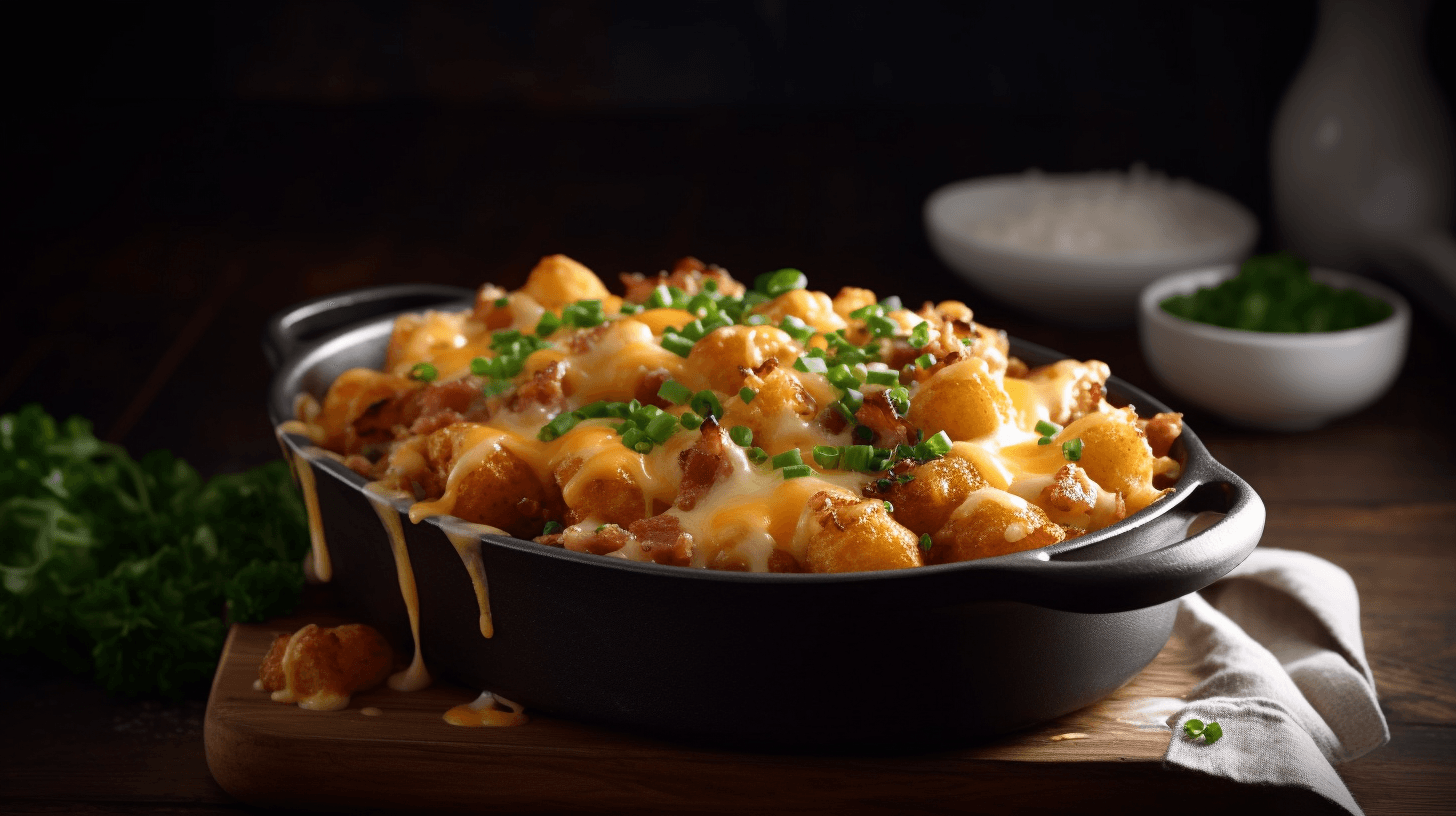Chicken bacon ranch tater tot casserole in a rustic baking dish with crispy tater tots and melted cheese