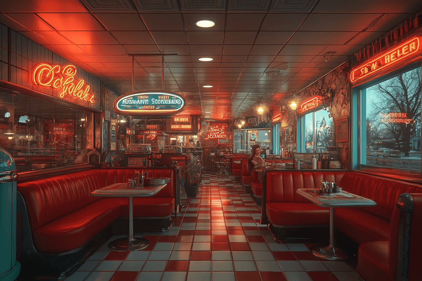 A cozy retro American diner with red leather booths, checkered floors, and neon signs glowing warmly. A single customer enjoys a quiet meal while the evening light filters through the windows