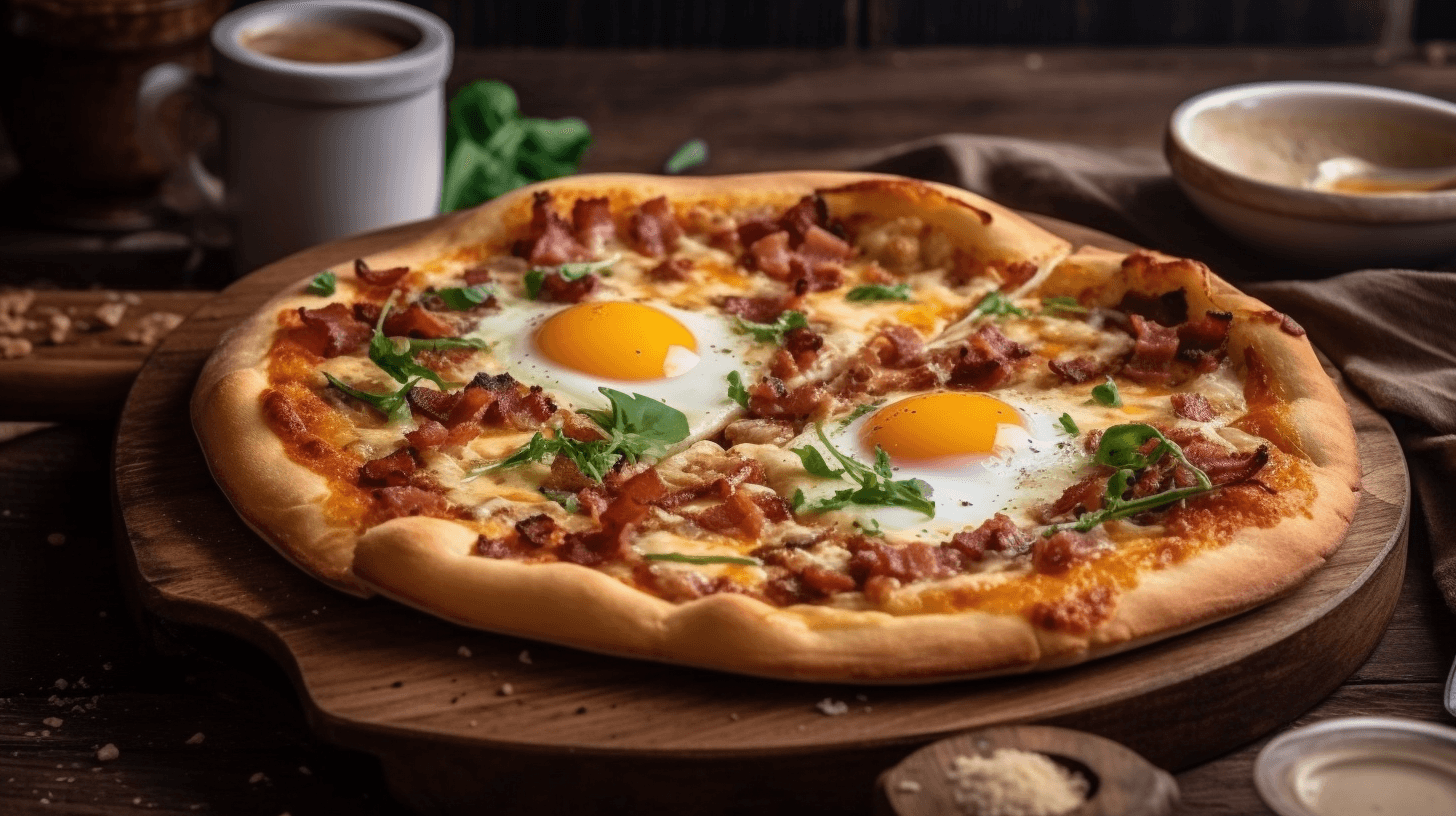A delicious breakfast pizza with bacon and eggs