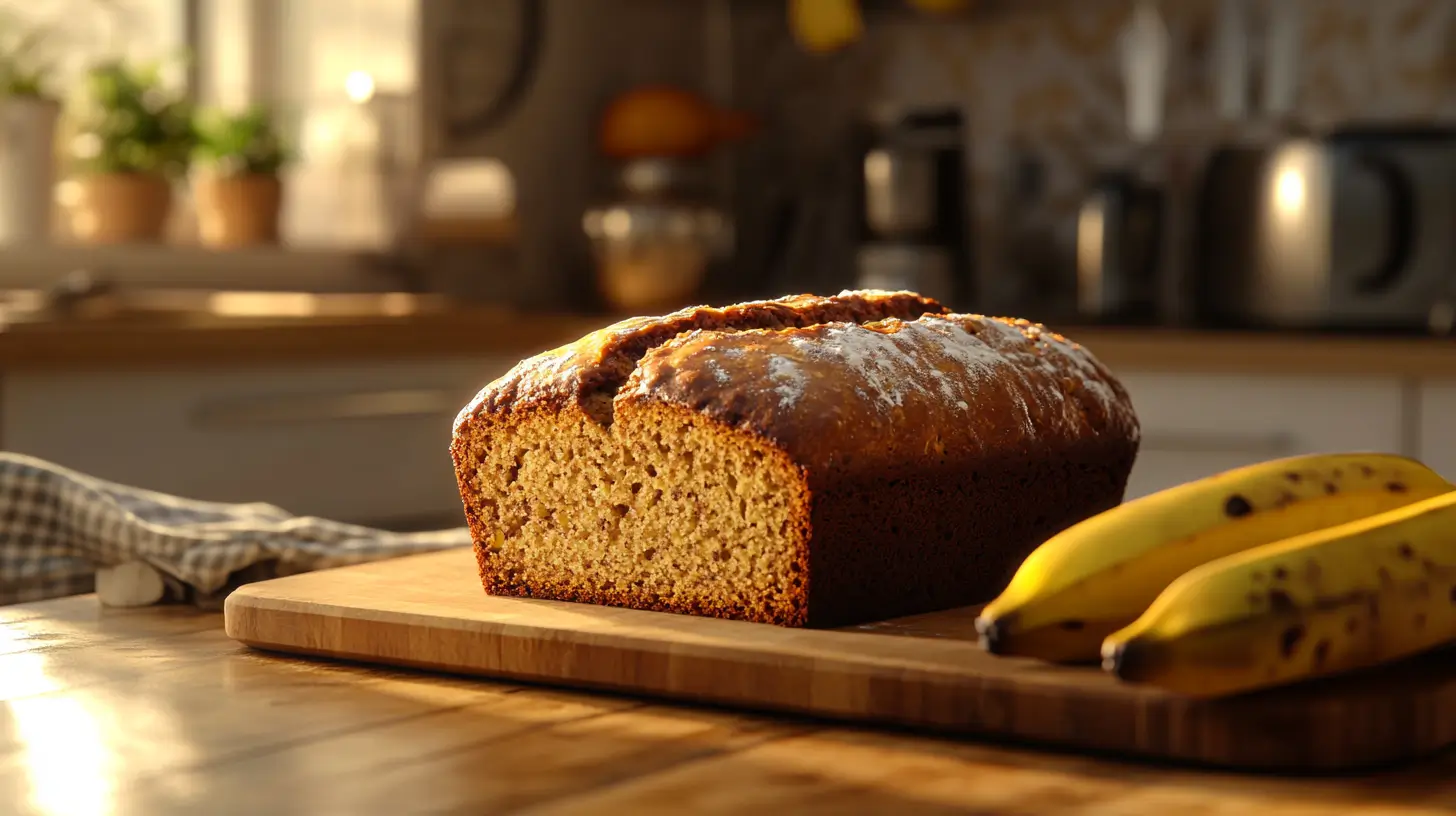 Moist banana bread loaf made with two ripe bananas.