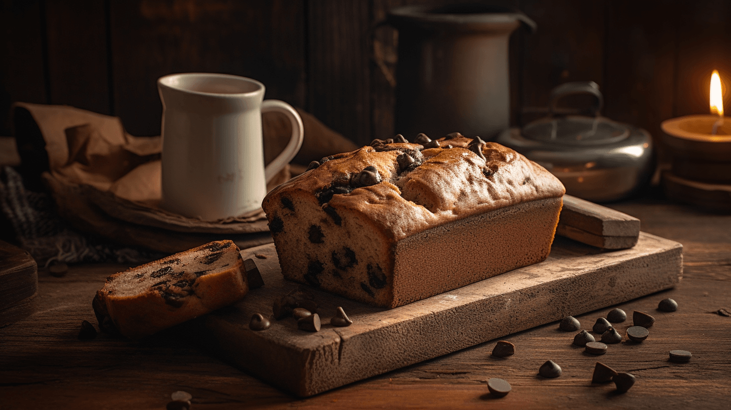 Freshly baked banana bread with melty chocolate chips on a wooden table.