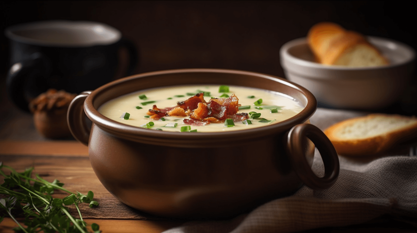 Steaming bowl of Old-Fashioned Potato & Bacon Soup with crispy bacon