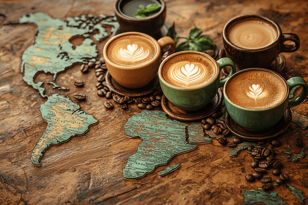A world map featuring coffee specialties from different regions.
