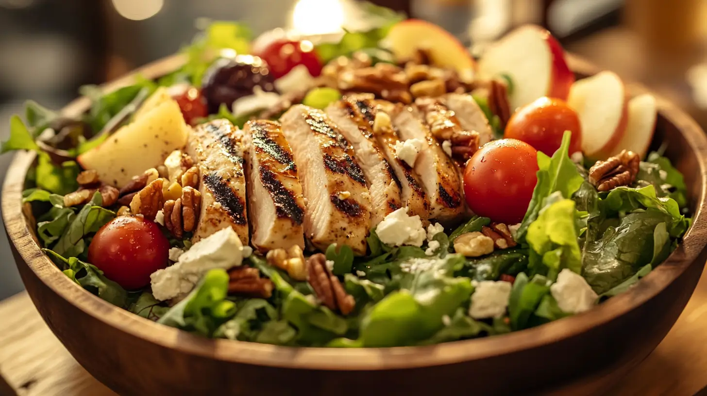 Fresh Panera-style salad with greens, chicken, and apples.