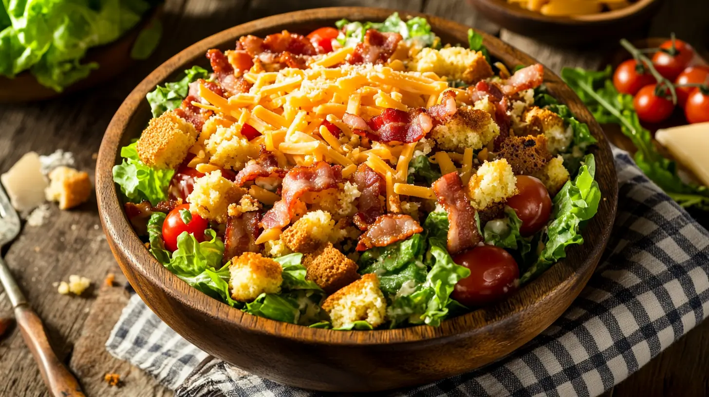 Cornbread Salad in a wooden bowl with fresh ingredients