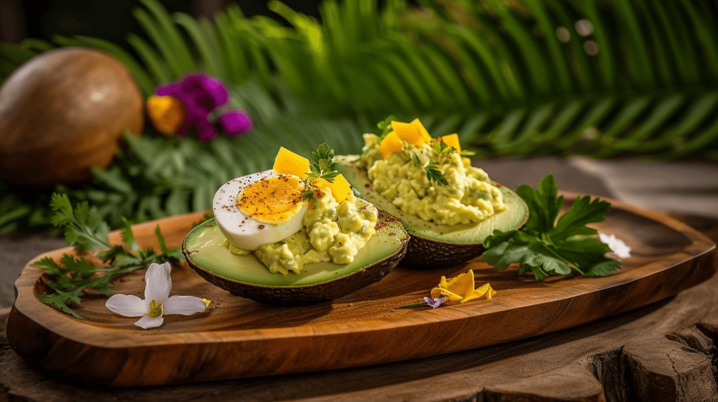 Keto Avocado and Egg Salad served on a rustic wooden plate with fresh herbs, set against a vibrant tropical background with palm leaves and exotic flowers.