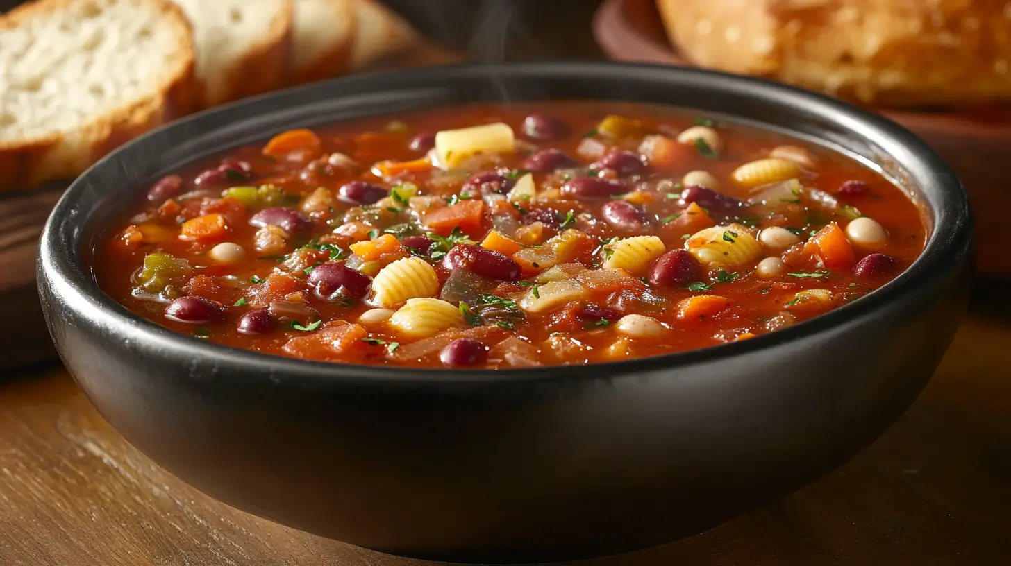 A steaming bowl of Olive Garden minestrone soup with fresh vegetables
