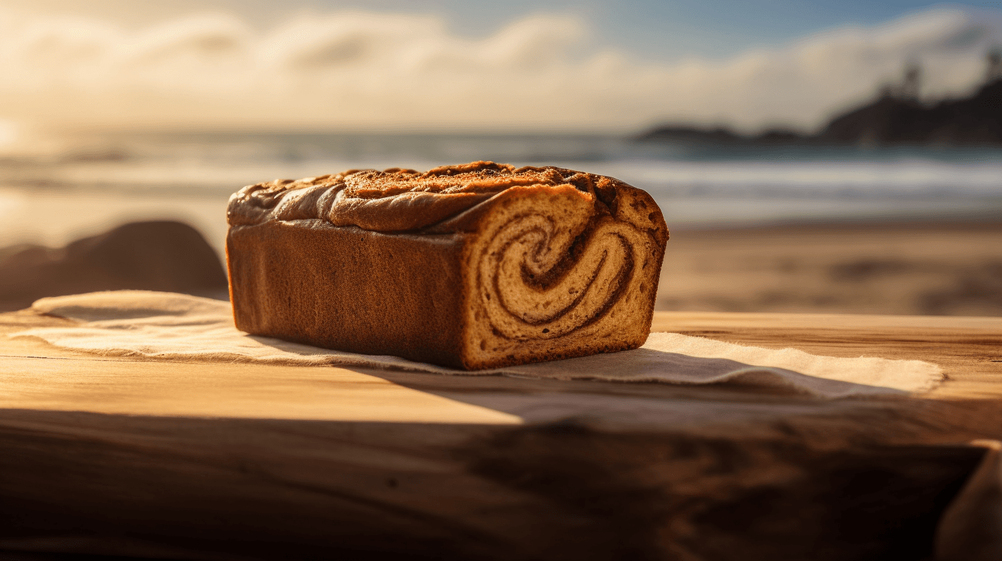 Freshly baked cinnamon swirl banana bread on a beachside table