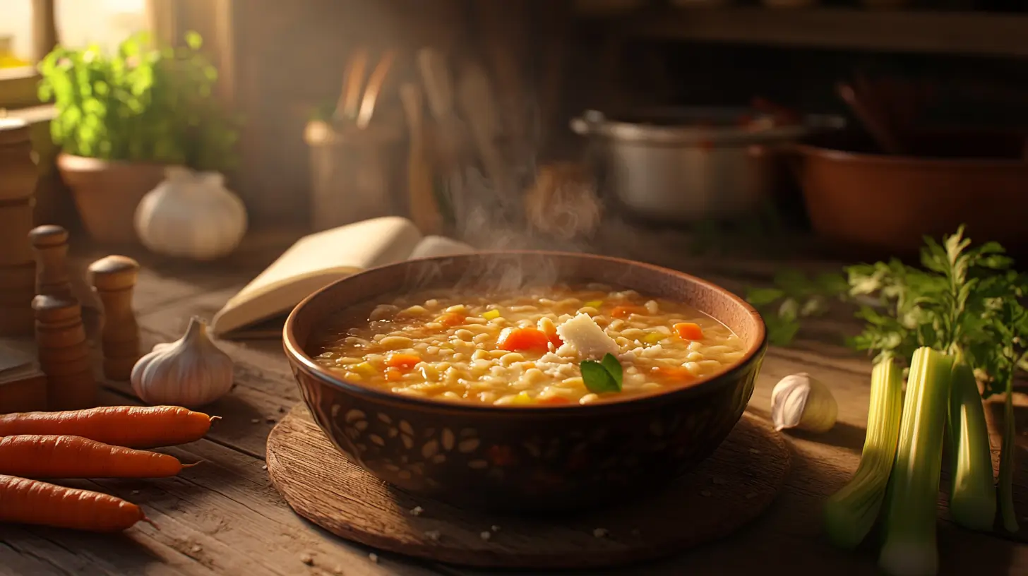 Warm bowl of pastina soup in a rustic Italian kitchen.