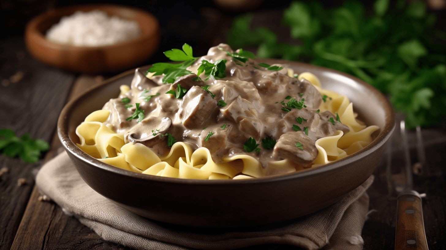 Crock Pot Beef Stroganoff served over egg noodles with fresh parsley