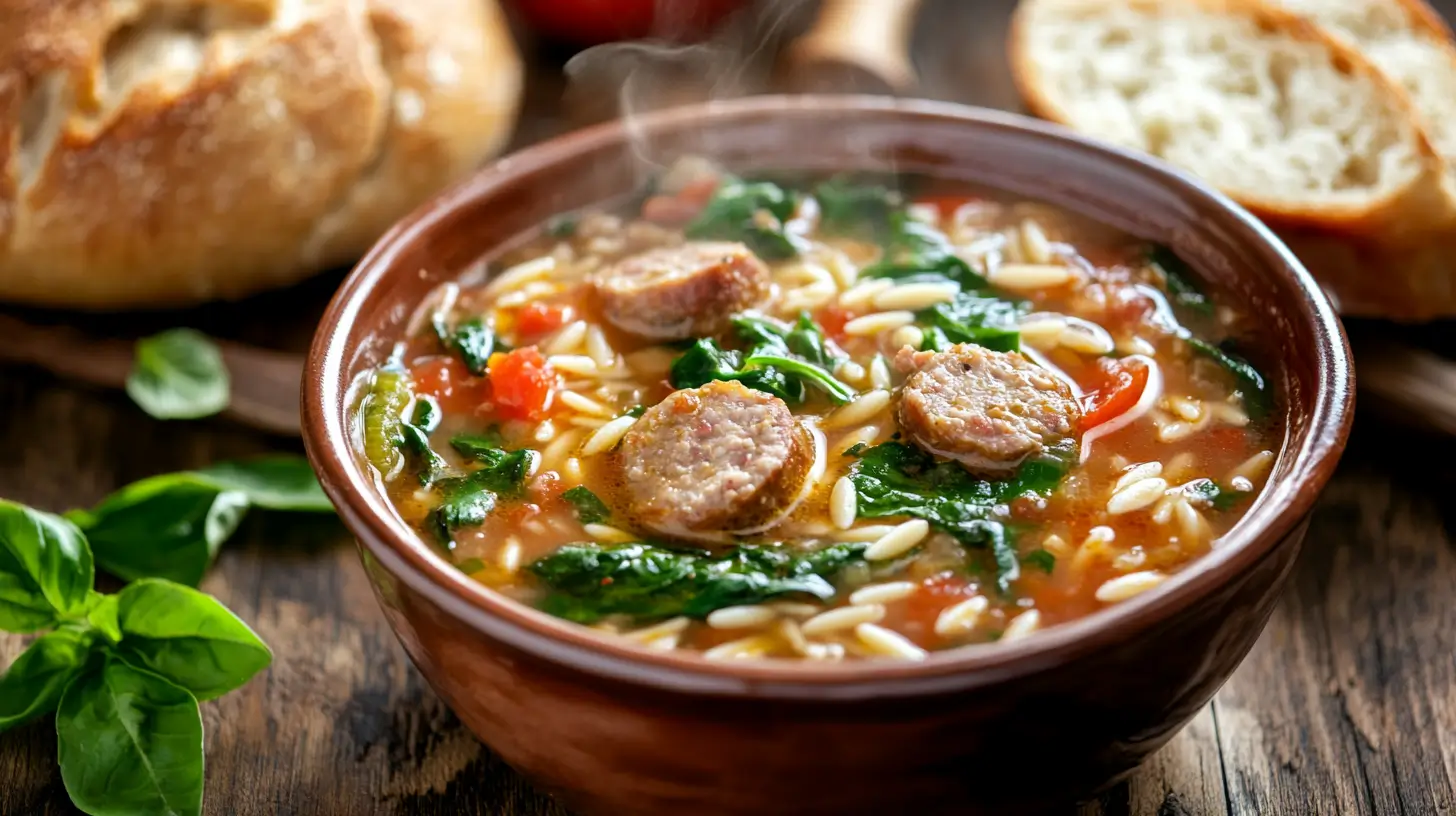 A bowl of Italian sausage soup with sausage, spinach, and orzo.