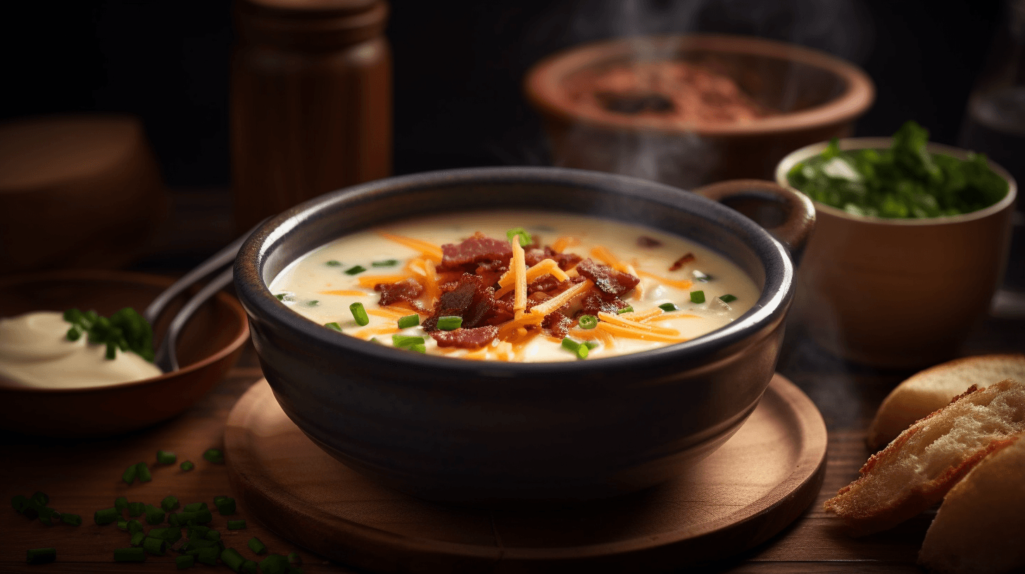 A bowl of Loaded Baked Potato Soup topped with bacon, cheese, and chives.