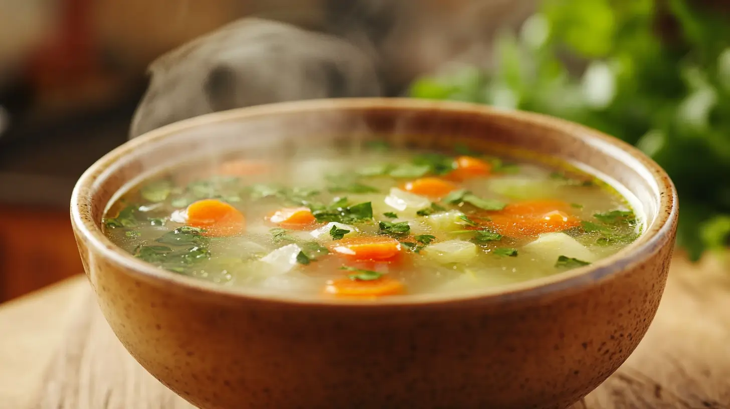 A warm bowl of clear soup with fresh vegetables and herbs.