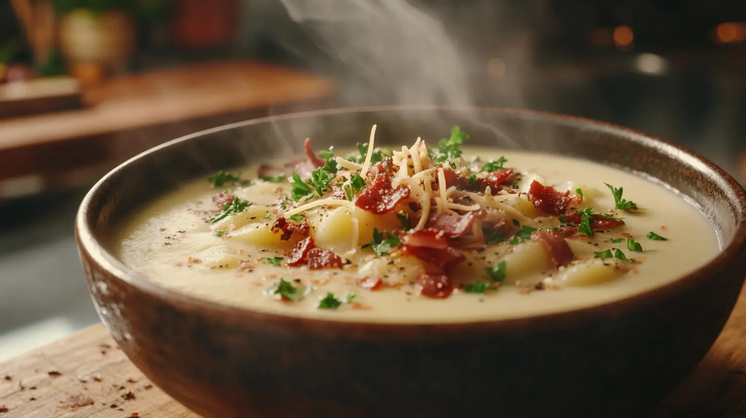 Creamy easy potato soup in a bowl topped with bacon and cheese.