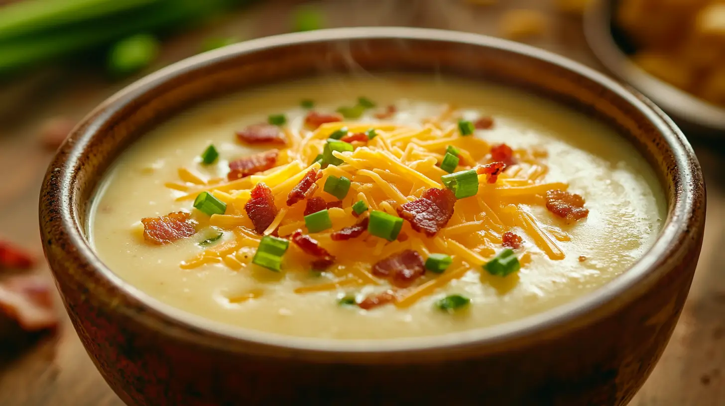 A bowl of cheesy potato soup topped with bacon, cheese, and chives.