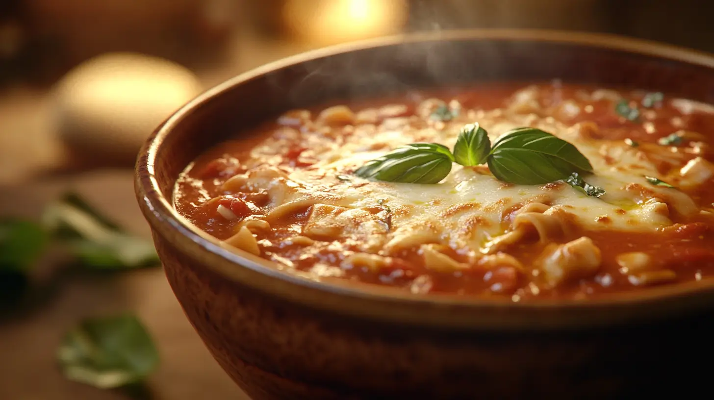 A steaming bowl of slow cooker lasagna soup with melted cheese and fresh basil