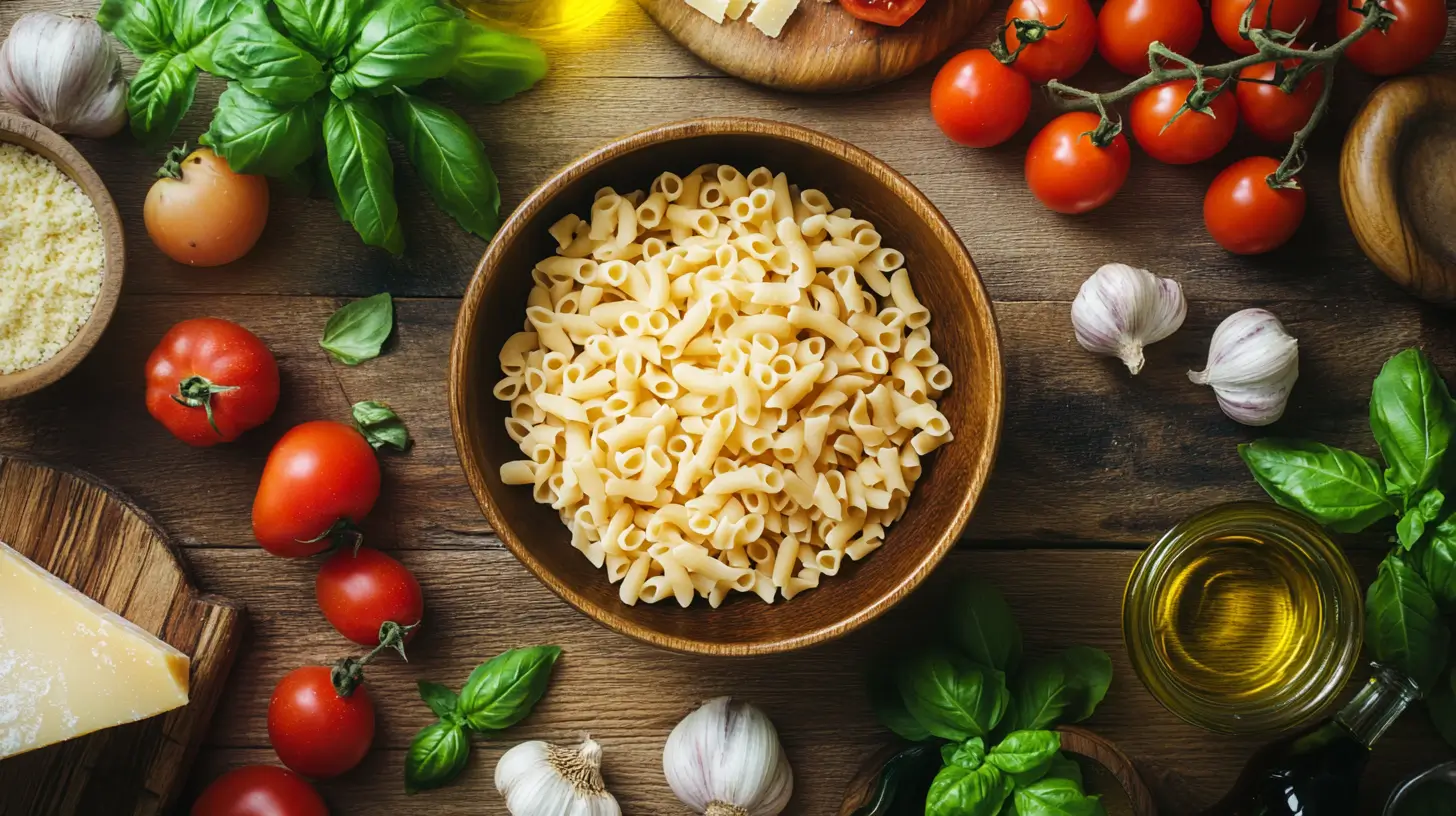 A bowl of uncooked ditalini pasta surrounded by fresh Italian ingredients.