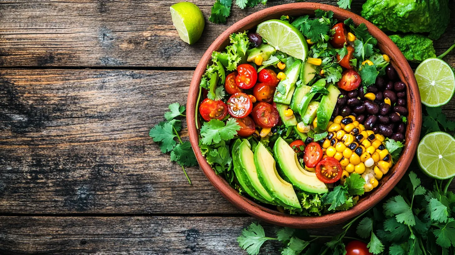 A colorful Mexican salad with fresh avocado, corn, and beans.