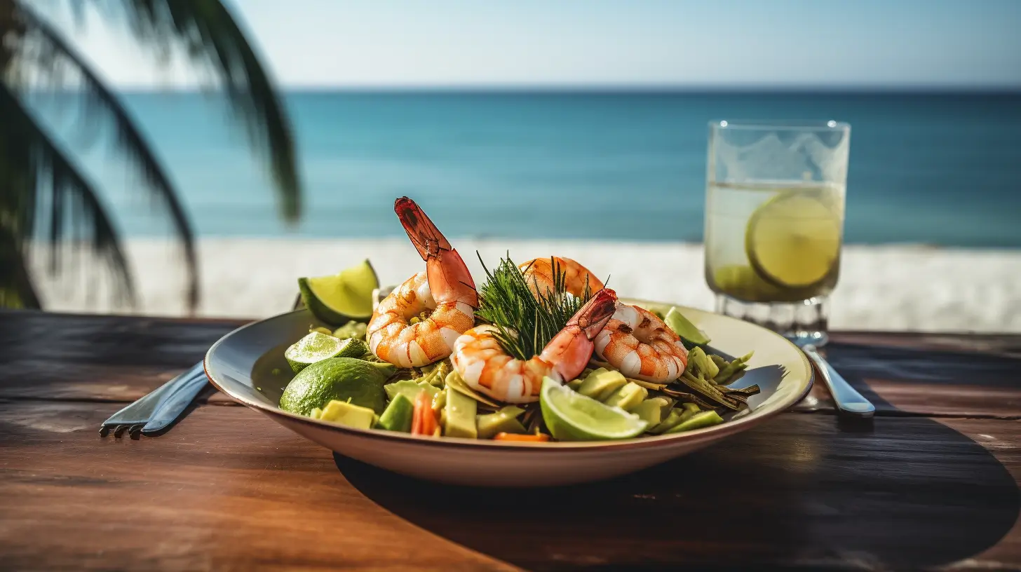 Shrimp and avocado salad plated at a tropical beachside restaurant