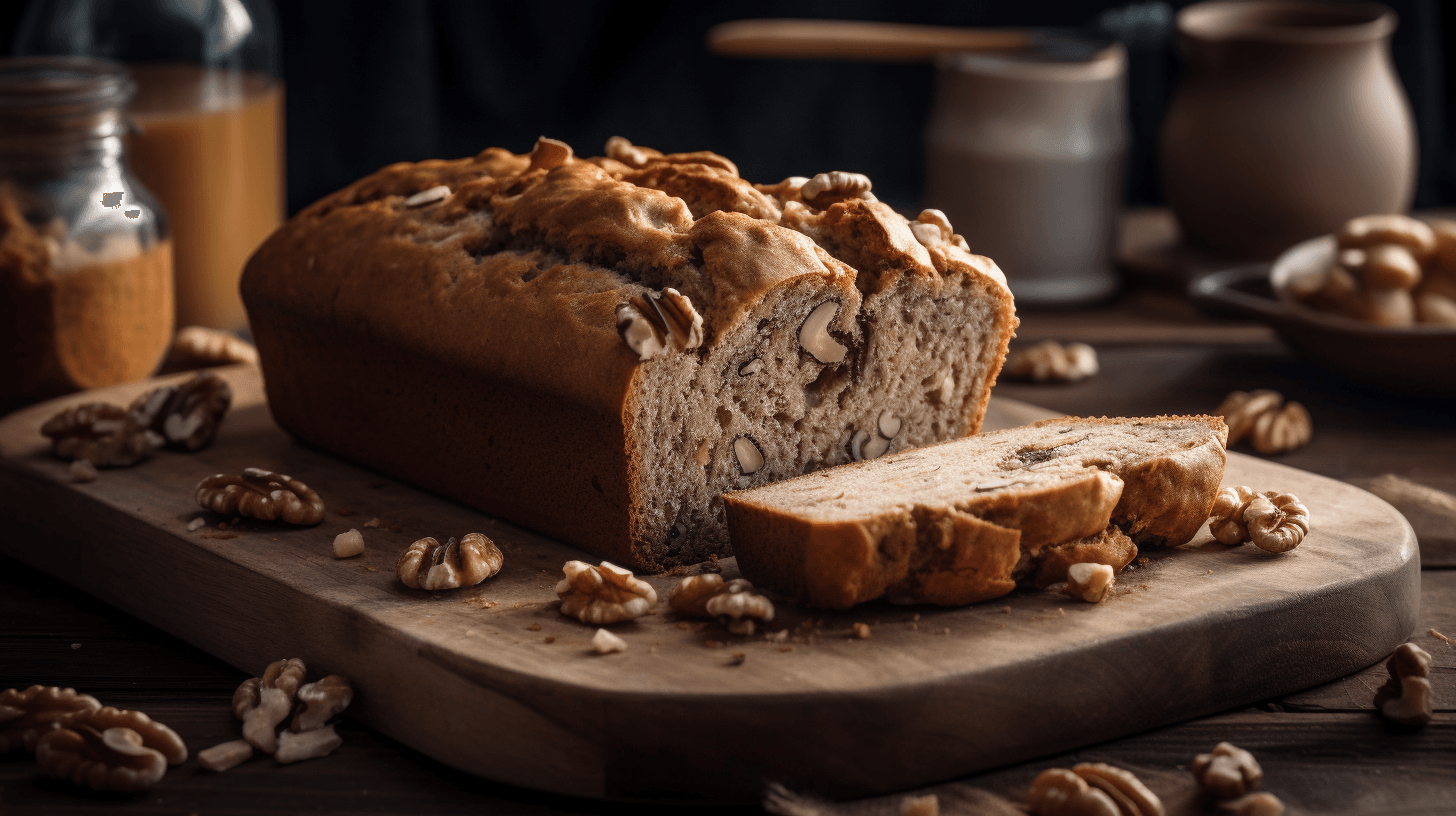 Freshly baked walnut banana bread with a crunchy topping.