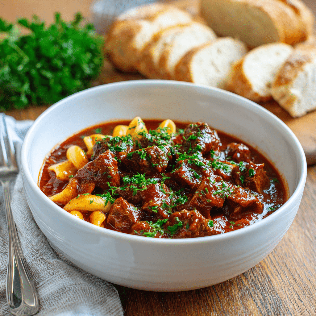 Served Old Fashioned Goulash with bread