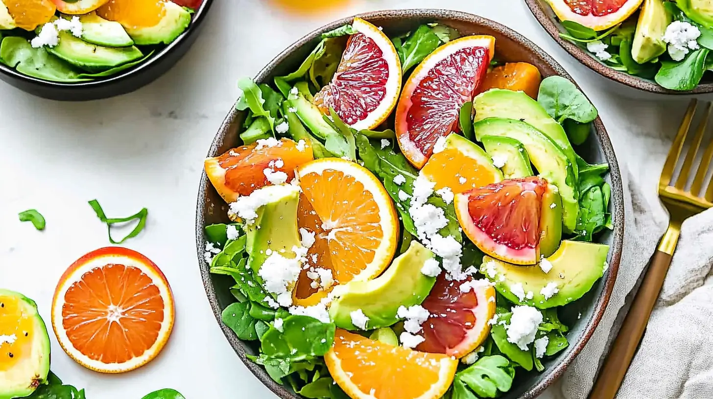 A fresh winter citrus and avocado salad with blood oranges, mandarins, avocado slices, arugula, and crumbled feta cheese in a rustic bowl.