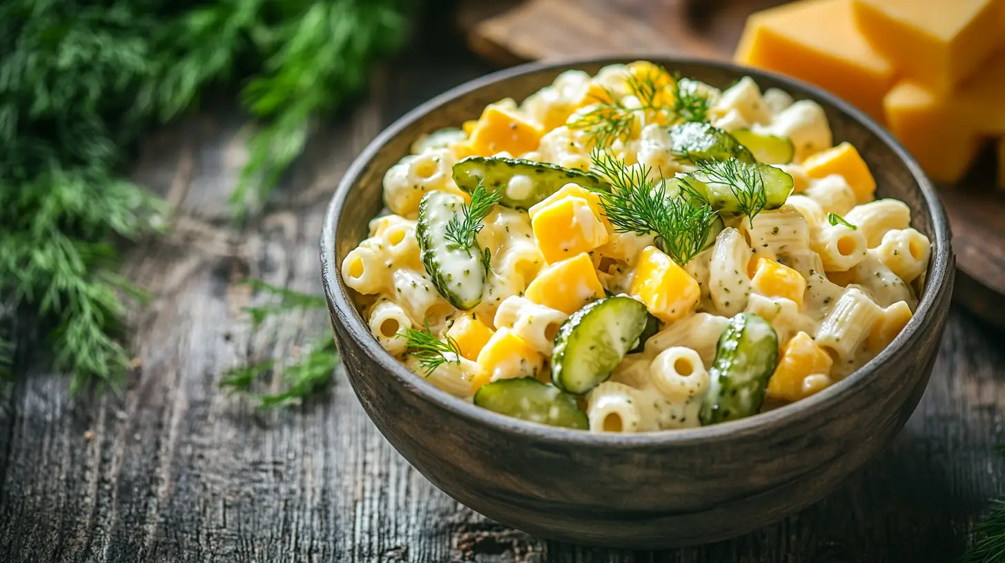 Dill pickle pasta salad served in a bowl on a wooden table