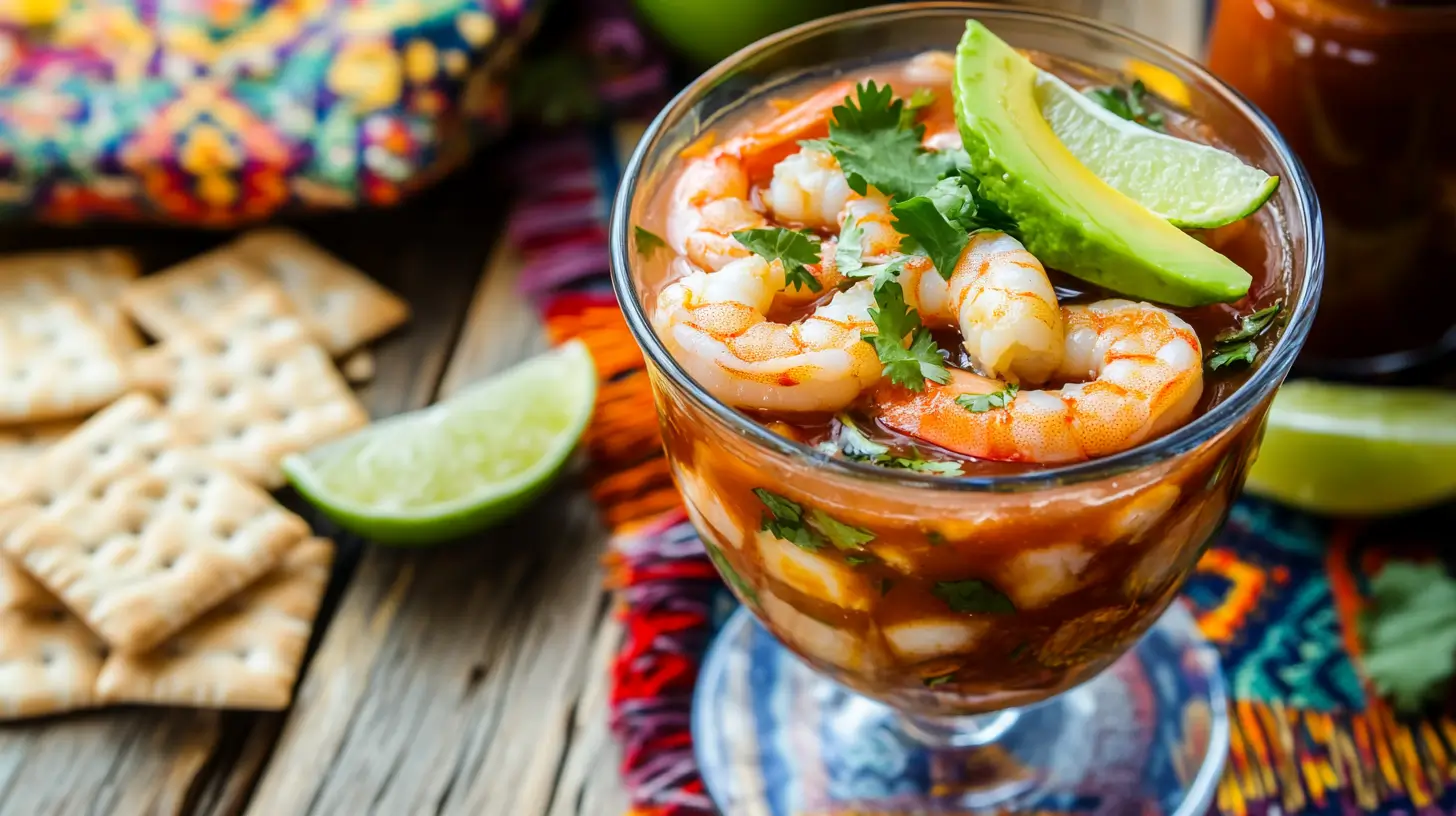 Traditional Mexican shrimp cocktail garnished with avocado and lime.