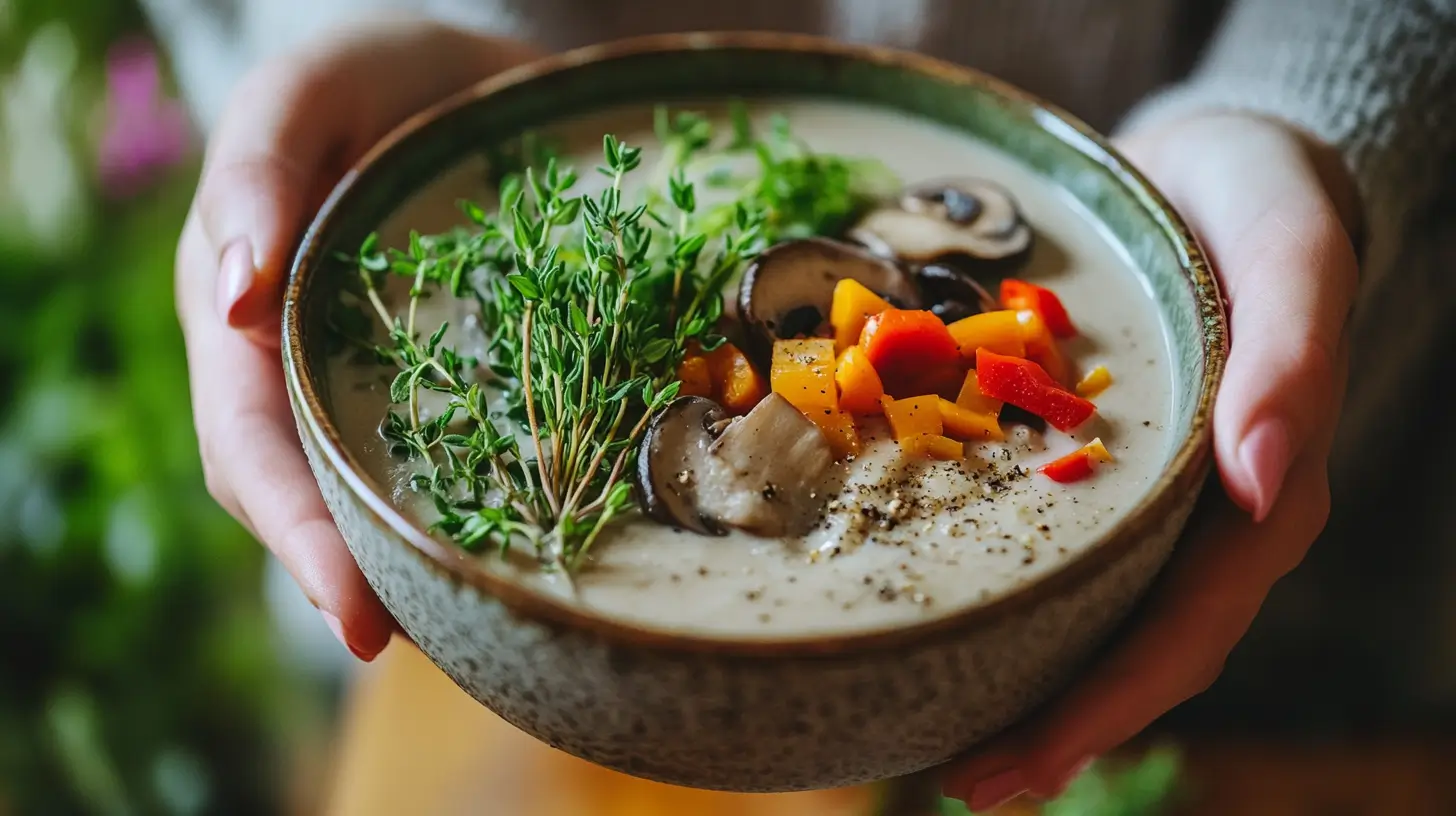Creamy vegan mushroom soup in rustic bowl with herbs