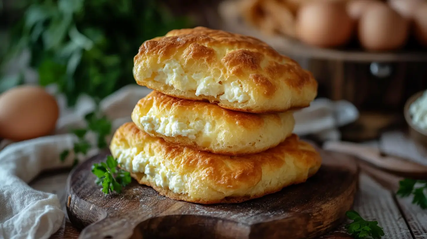 Fluffy cottage cheese cloud bread stacked on a cutting board